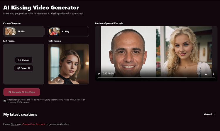 KI-Freundin zum Selbermachen: Was FantasyGF wirklich kann (und was nicht) 4 Mit dem AI Kissing Video Generator lassen sich realistische Kuss-Videos erstellen.